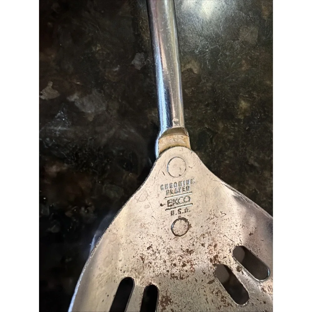 Ekco Chrome Plated Metal Slotted Spoon Black Handle Vintage Utensil Serving